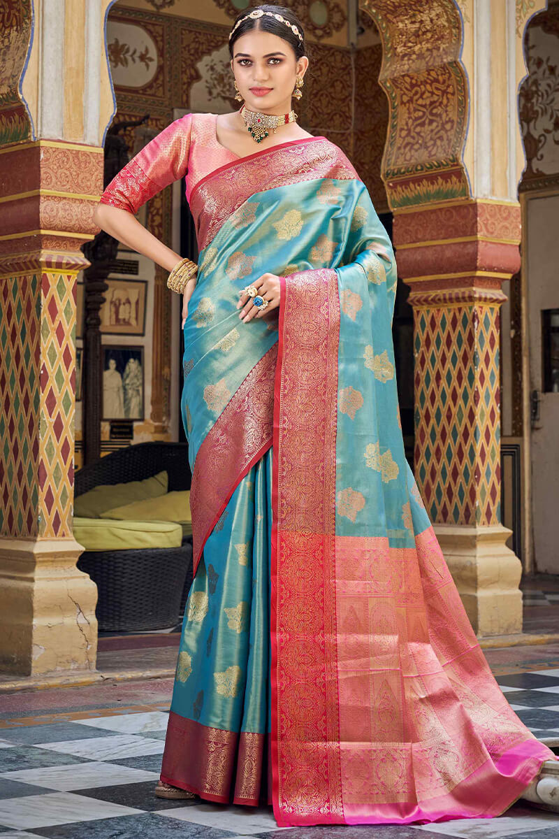 Dark Sky Blue Banarasi Silk Saree