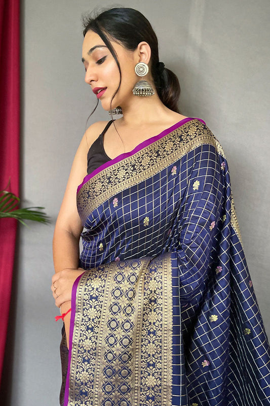 Dark Slate Blue Banarasi Silk Saree