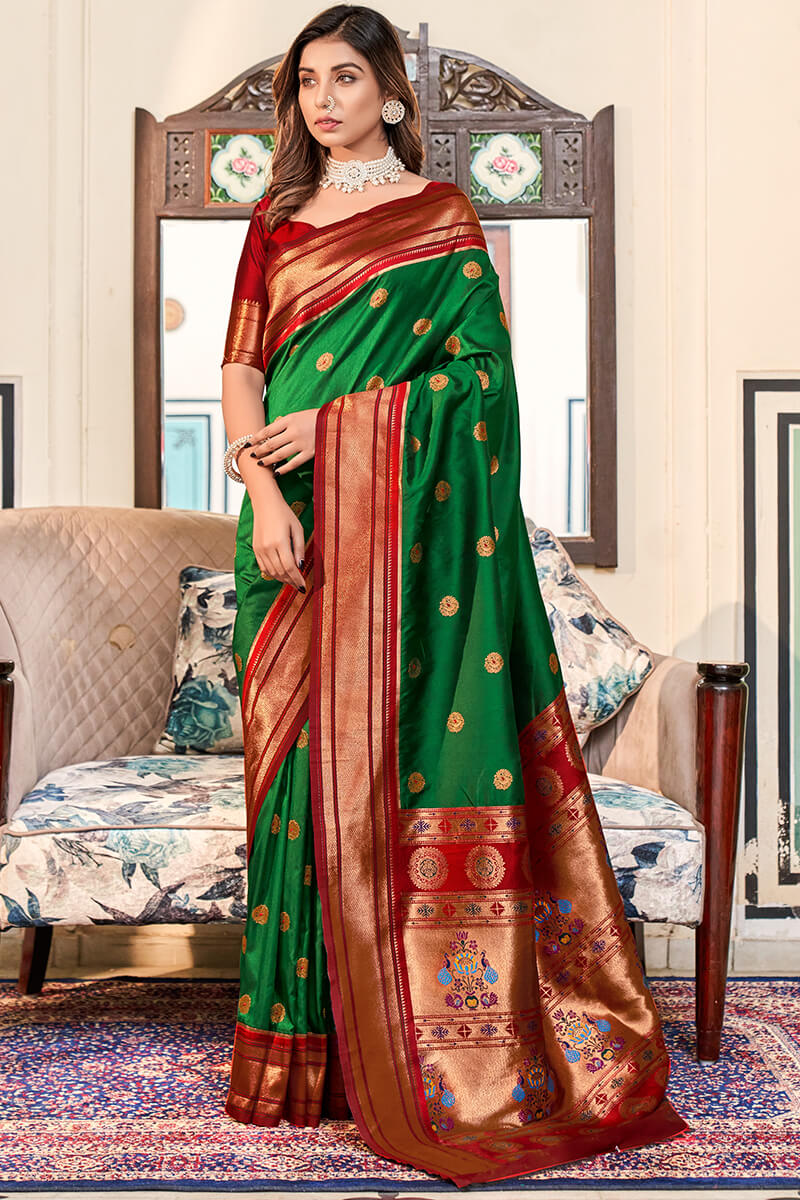 Dark Spring Green Paithani silk saree