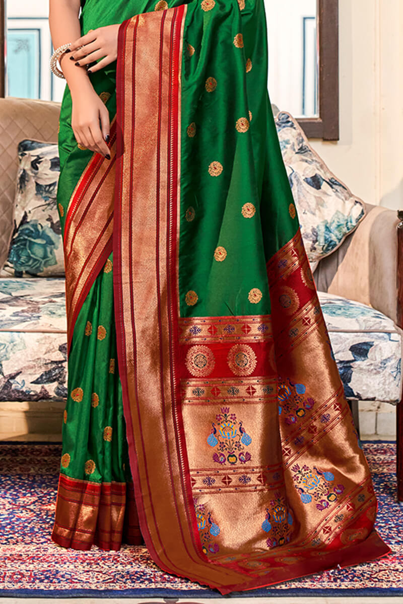 Dark Spring Green Paithani silk saree