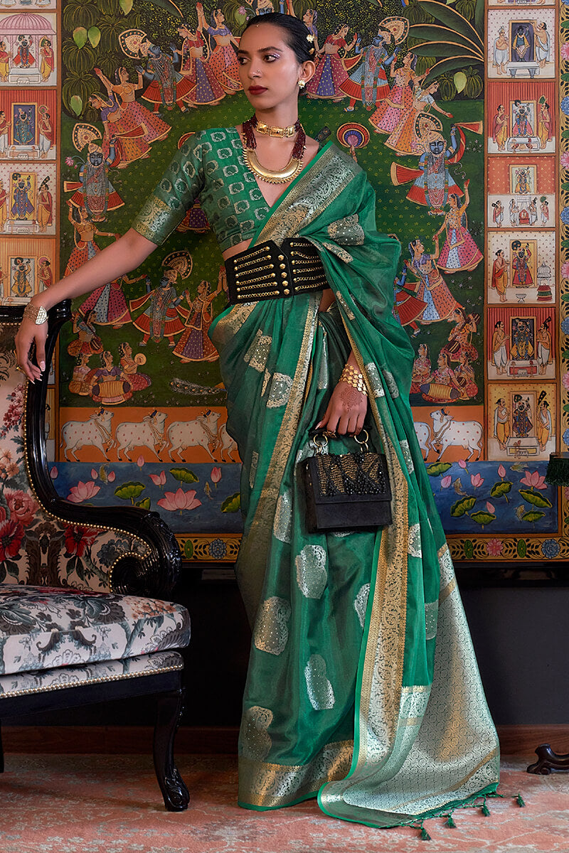 Dark Spring Green Zari Woven Organza Silk Saree