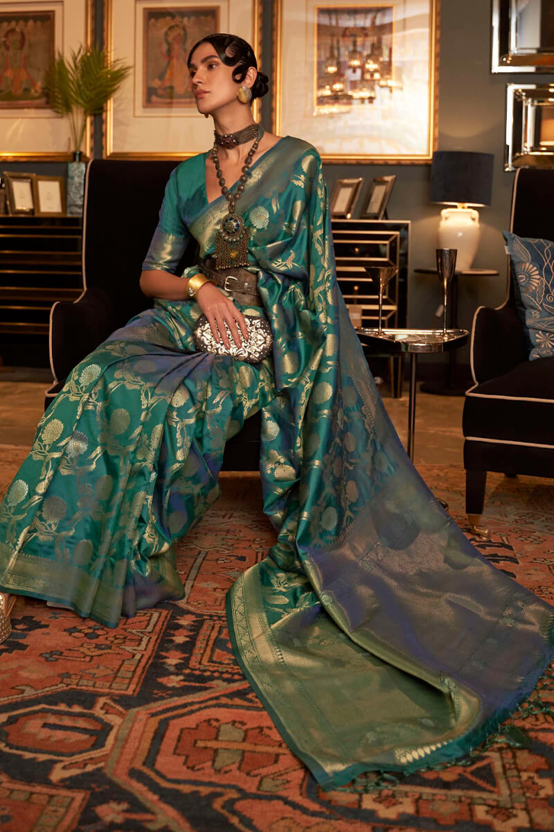 Dark Teal Green Zari Woven Banarasi Silk Saree