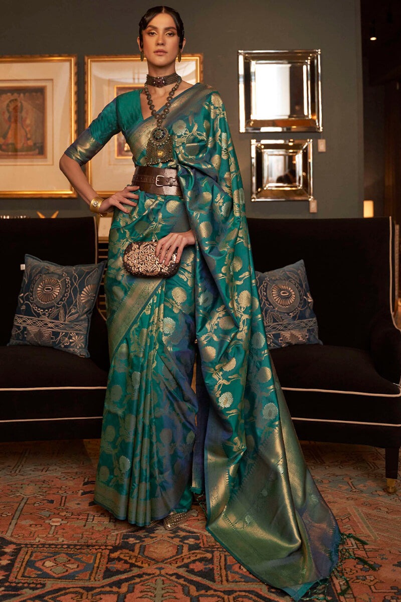 Dark Teal Green Zari Woven Banarasi Silk Saree