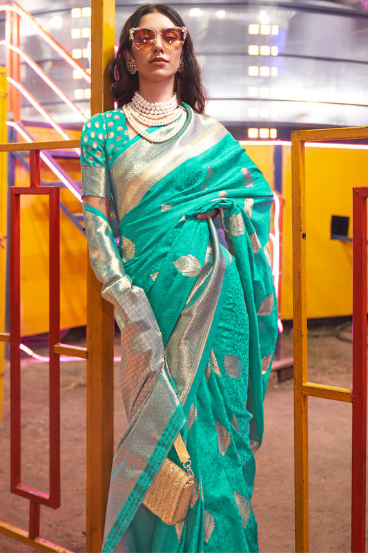 Dark Turquoise Banarasi Handloom Silk Saree