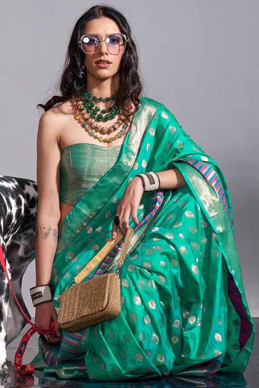 Dark Turquoise Zari Woven Banarasi Silk Saree