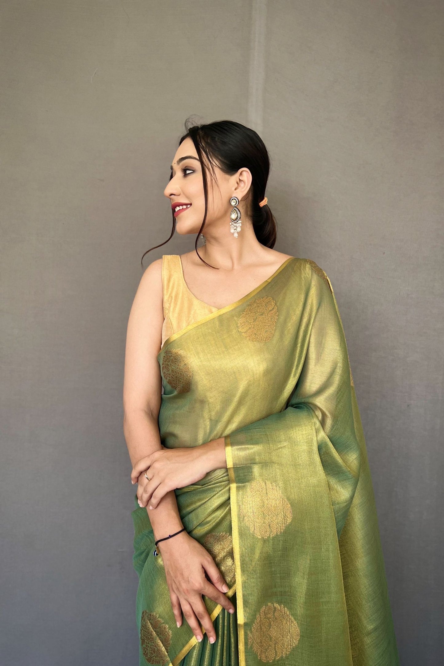 Metallic Green Jacquard Woven Tissue Silk Saree