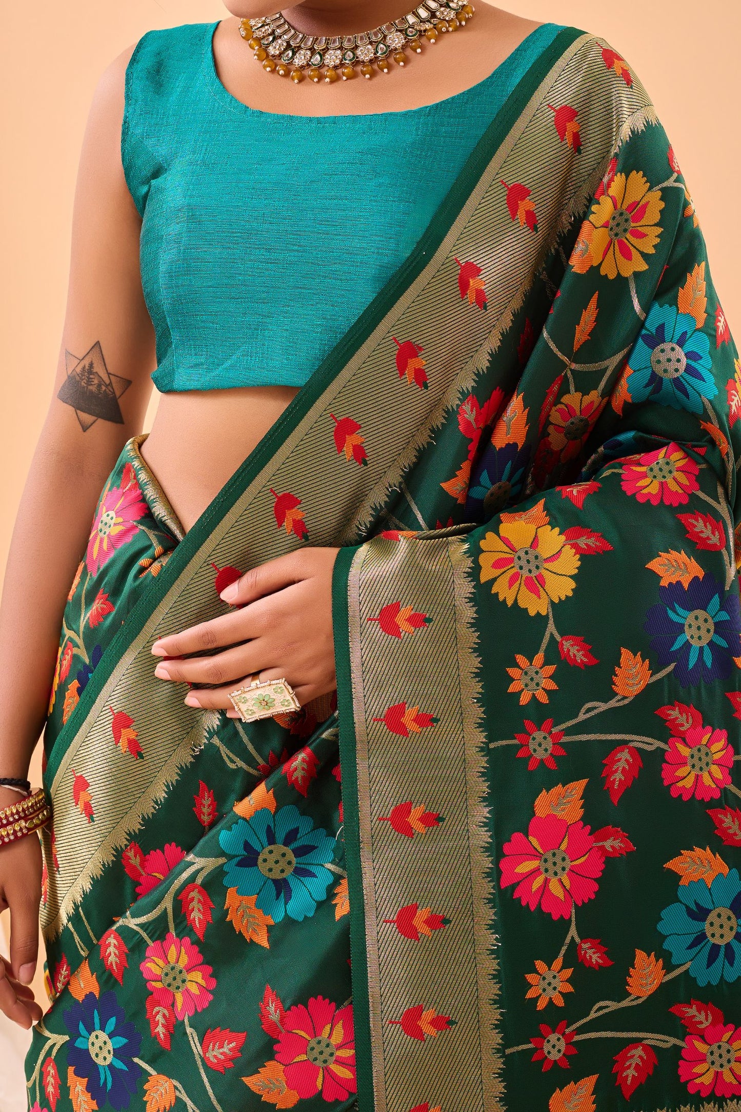 Dark Green Paithani Silk Saree with Royal Jaal Work