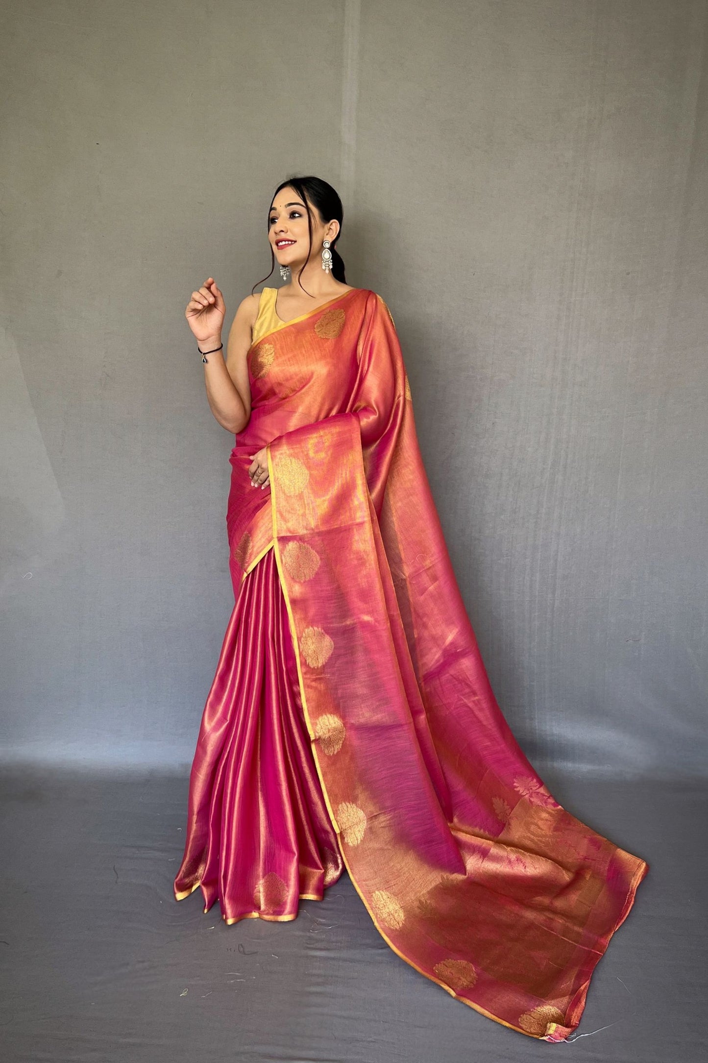 Onion Pink Jacquard Woven Tissue Silk Saree