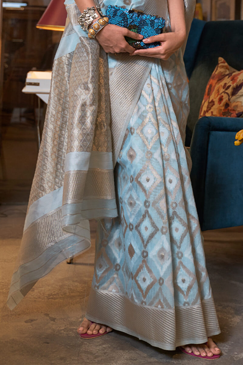 Day Sky Blue Zari Woven Linen Silk Saree