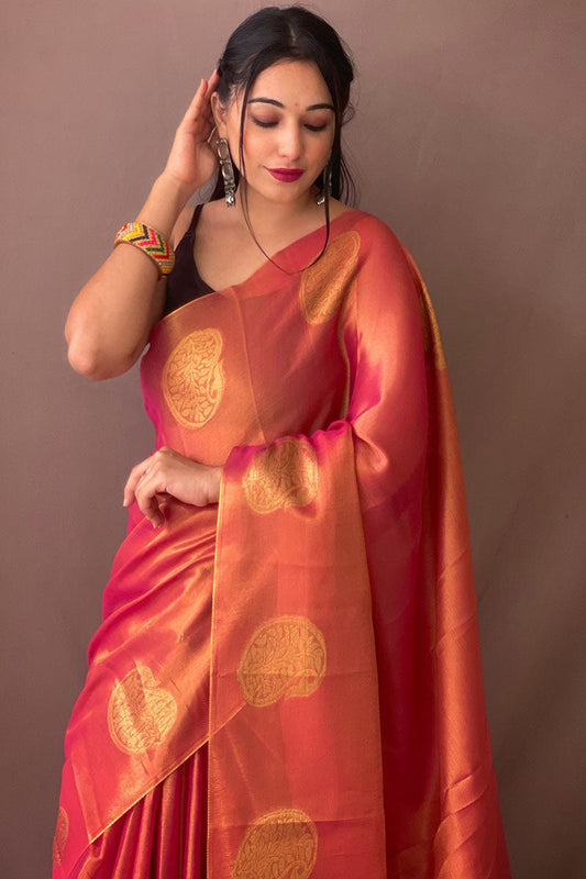 Deep Carmine Pink Woven Tissue silk Saree