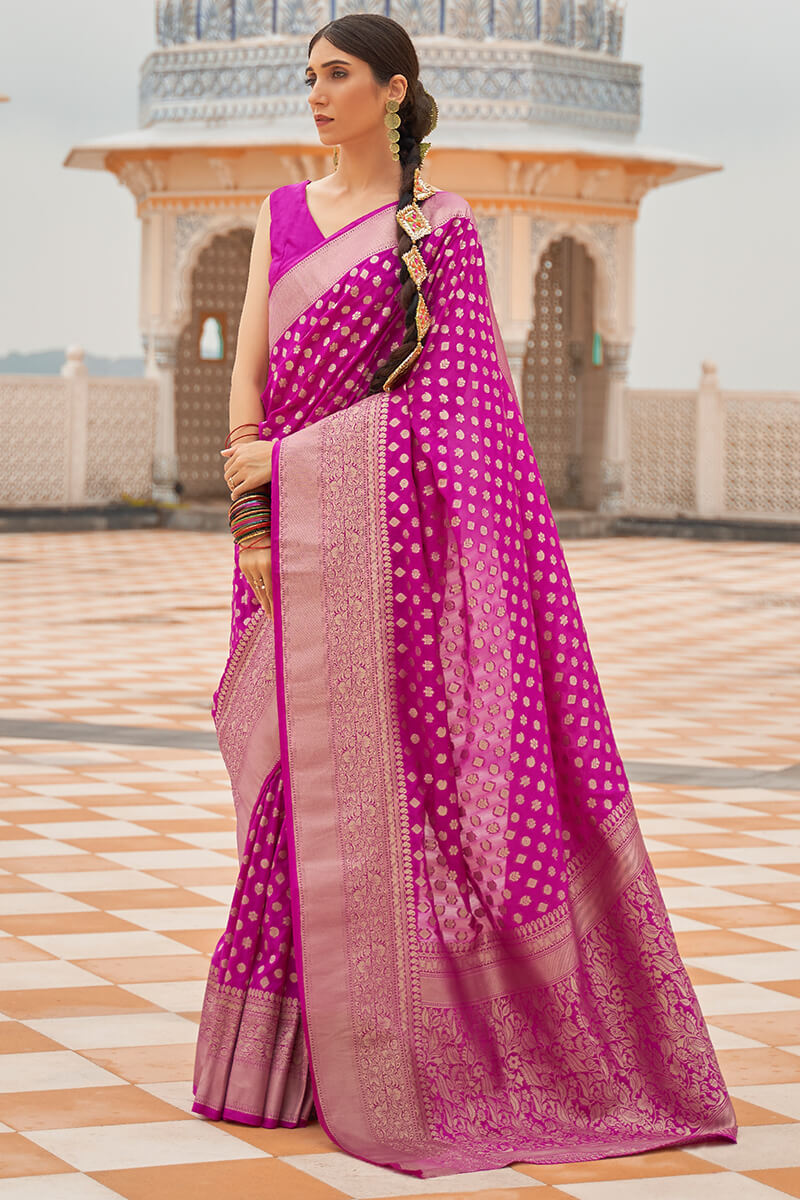 Deep Cerise Pink Zari Woven Banarasi Silk Saree