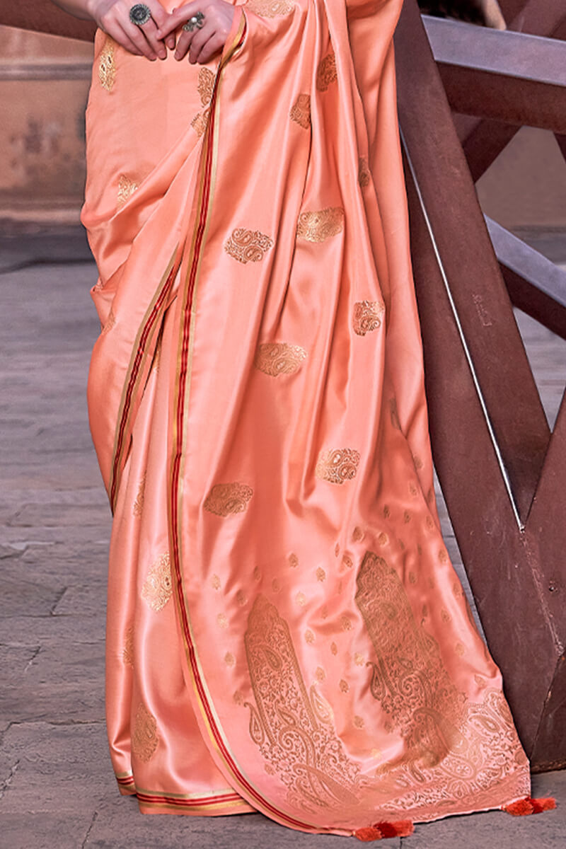 Deep Peach Banarasi Satin Silk Saree