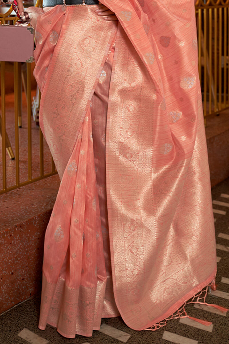 Deep Peach Zari Woven Tussar Silk Saree