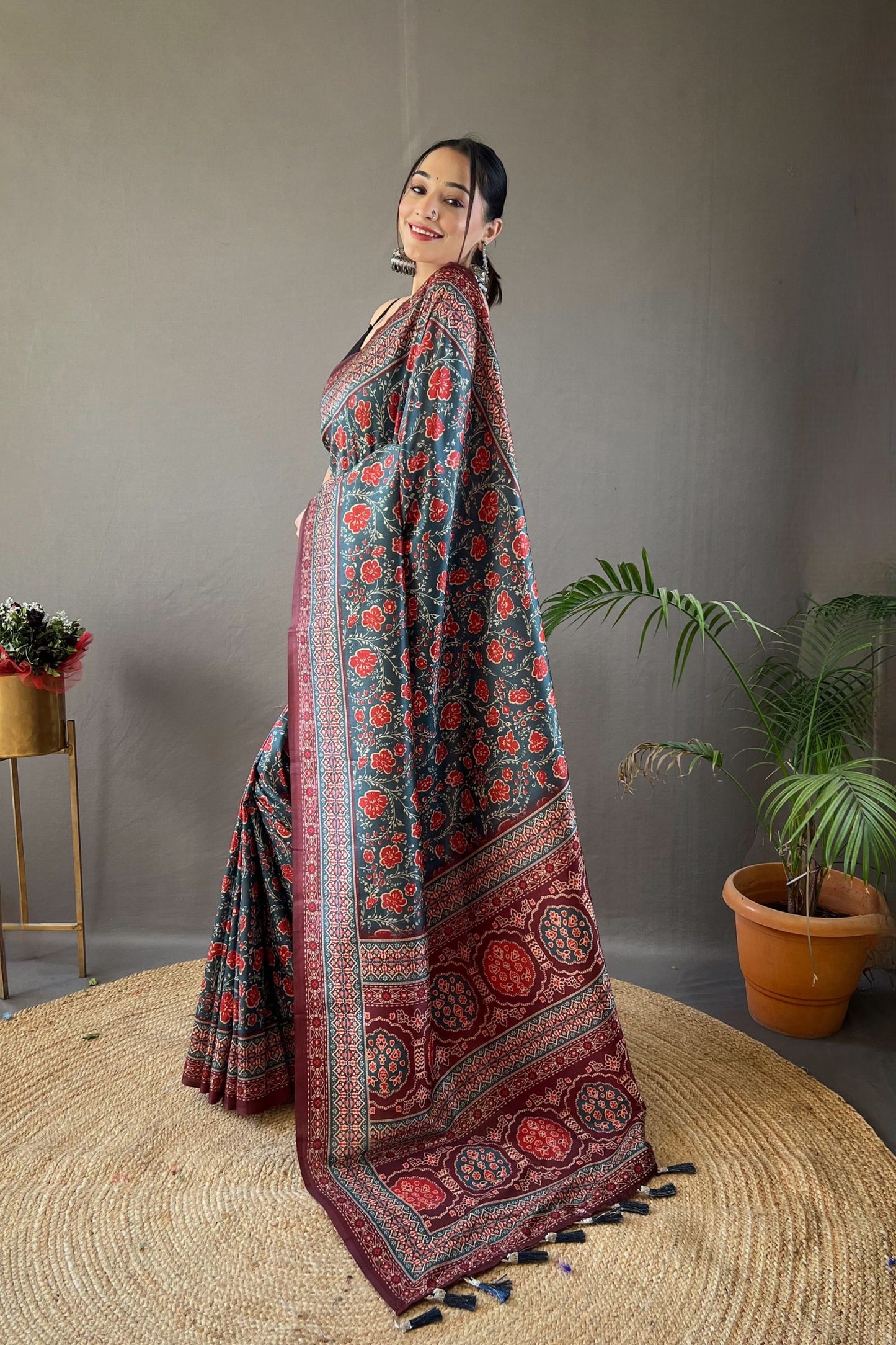 Teal Blue Digital Printed Silk Saree