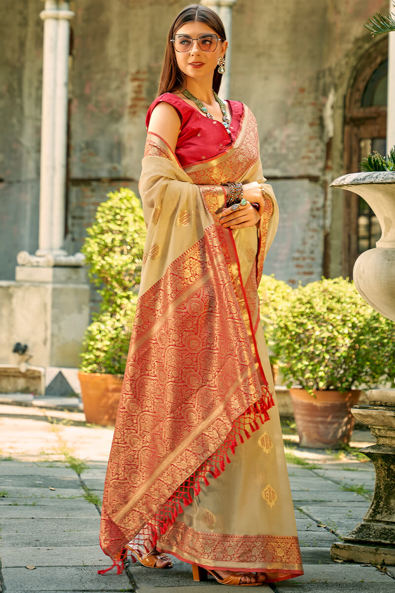 Desert Beige Zari woven Banarasi Tissue Silk Saree