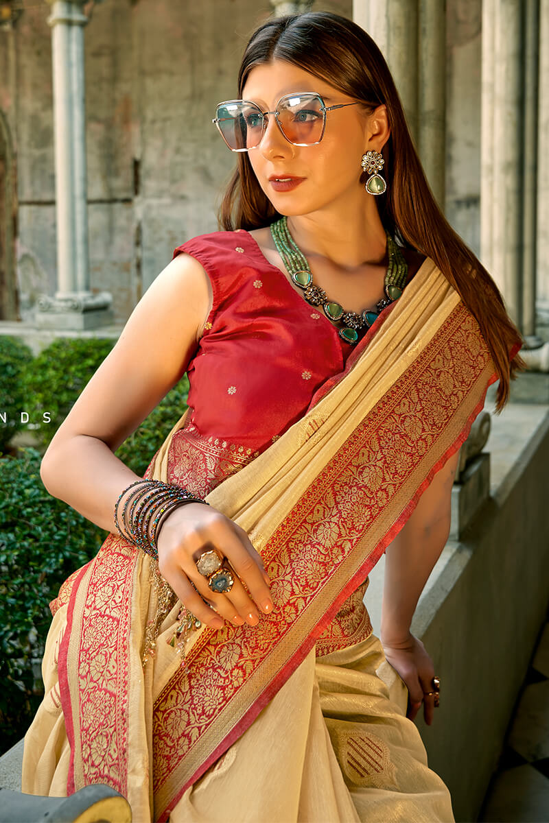 Desert Beige Zari woven Banarasi Tissue Silk Saree