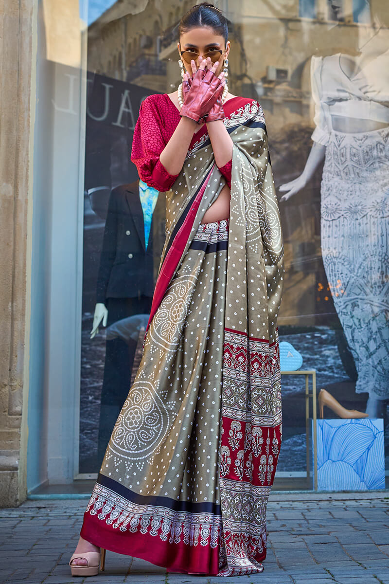 Dove Grey Printed Satin Silk Saree