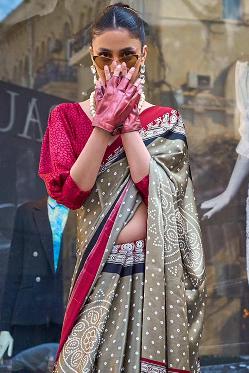 Dove Grey Printed Satin Silk Saree