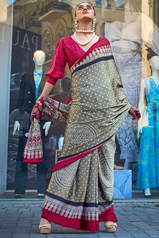 Dove Grey Printed Satin Silk Saree