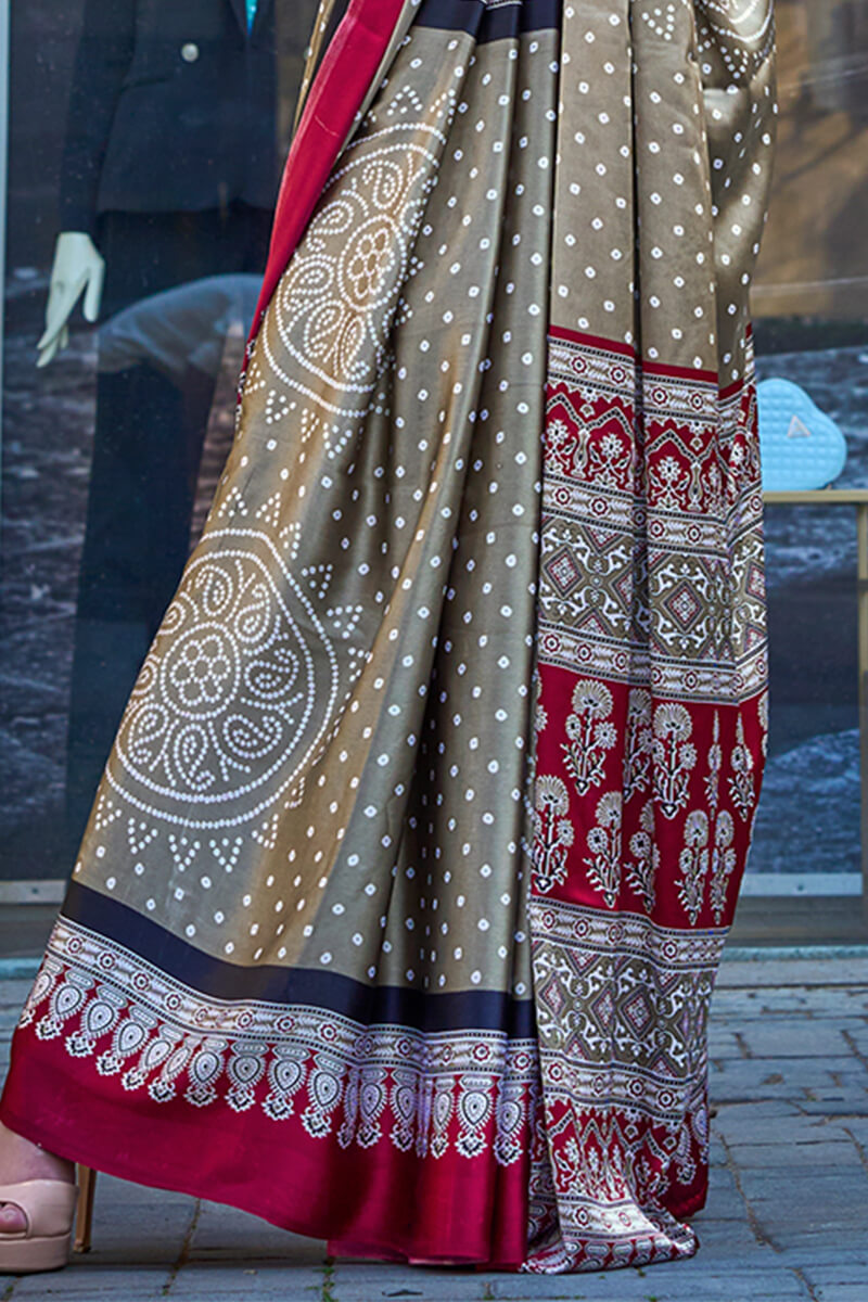 Dove Grey Printed Satin Silk Saree