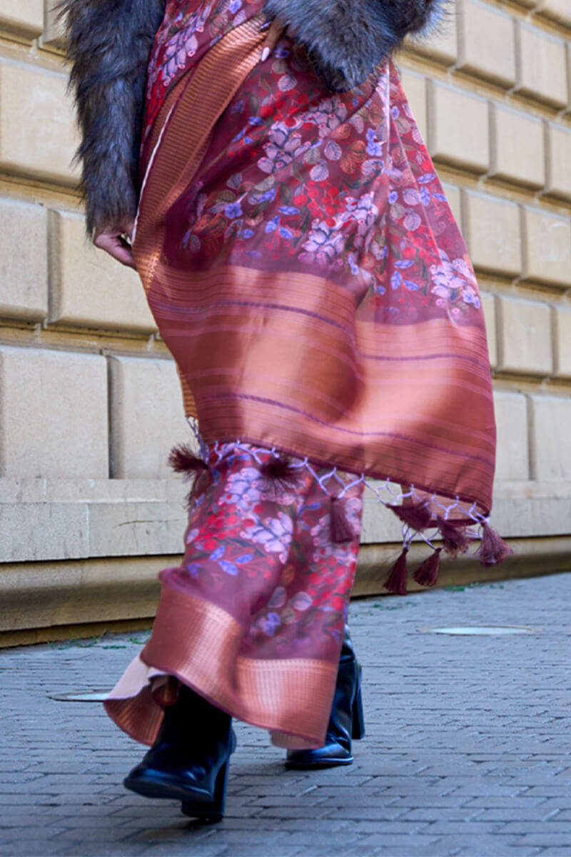 Dull Purple Organza Printed Satin Silk Saree