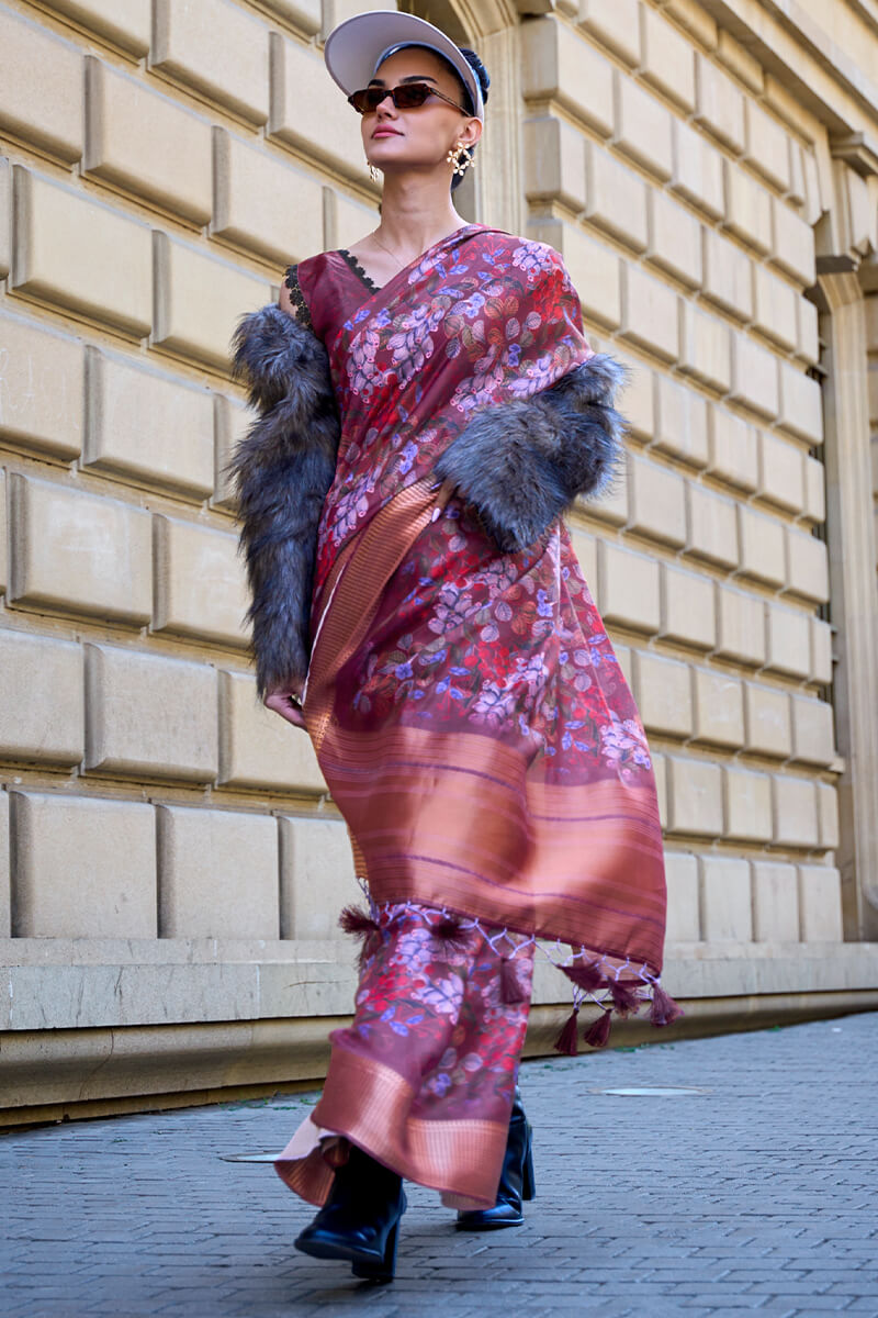 Dull Purple Organza Printed Satin Silk Saree