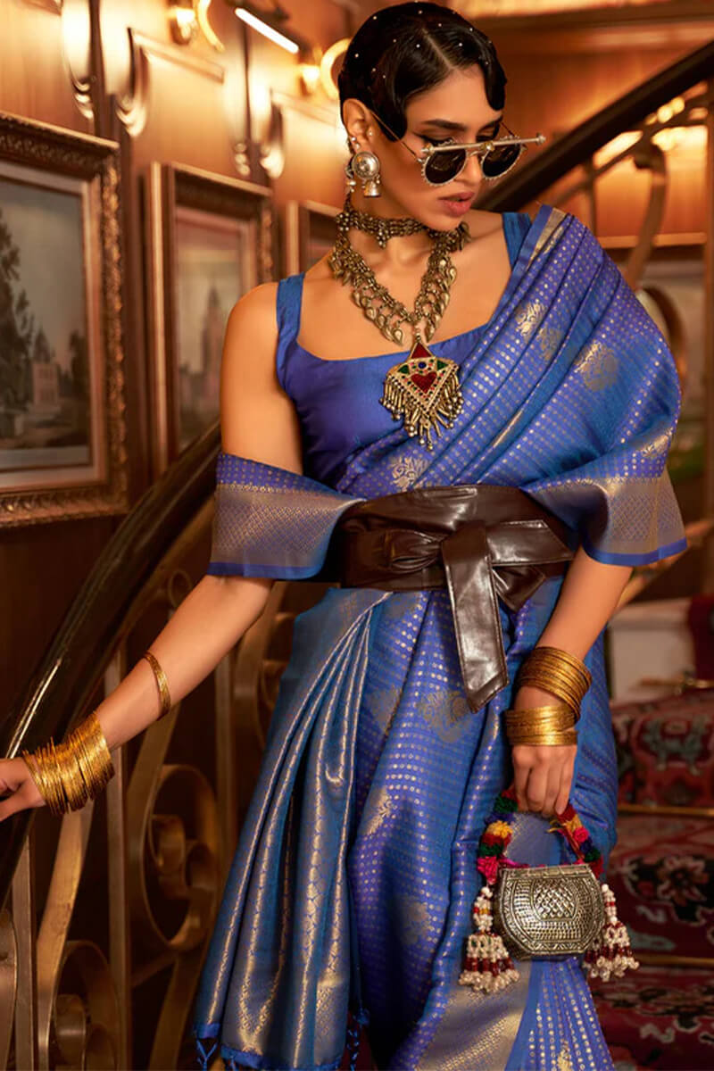 Dusky Blue Zari Woven Kanjivaram Silk Saree