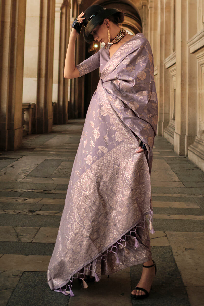 Dusty Lavender Gota Zari Woven Banarasi Silk Saree