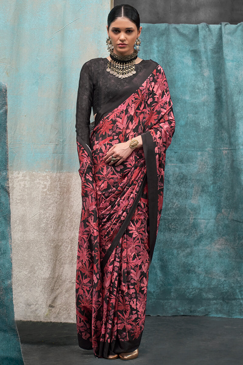 Dusty Red Printed Crape Silk Saree