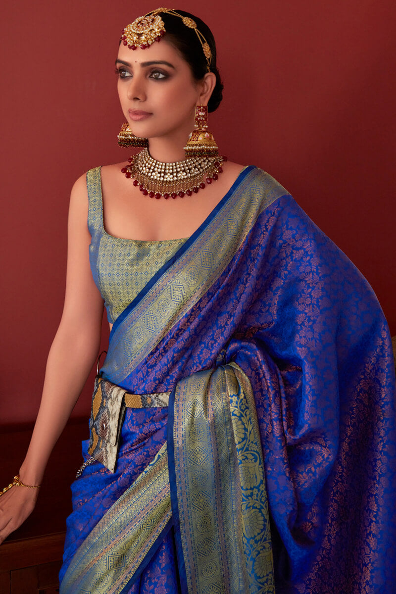 Egyptian Blue Zari Woven Kanjivaram Silk Saree