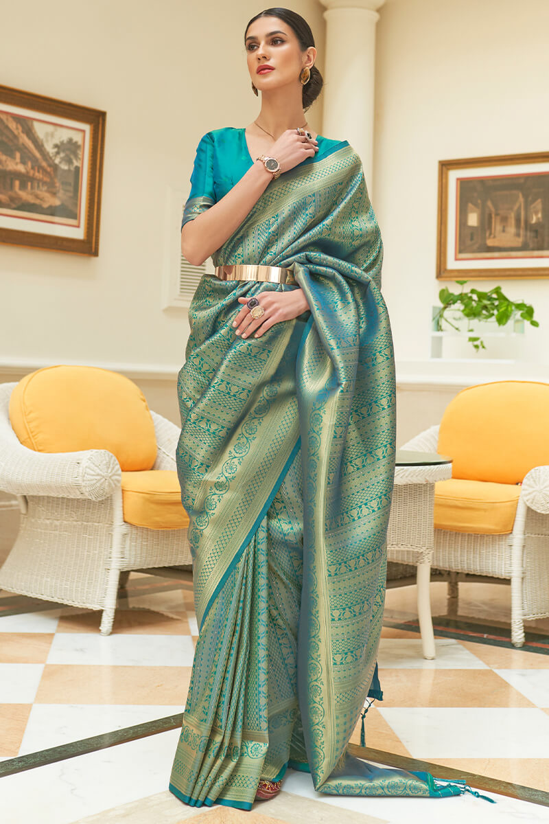 Elf Green Zari Woven and Sequence Work Kanjivaram Silk Saree