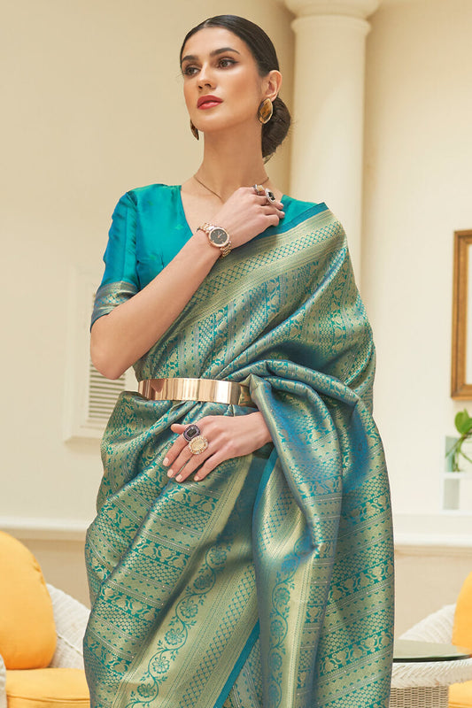 Elf Green Zari Woven and Sequence Work Kanjivaram Silk Saree