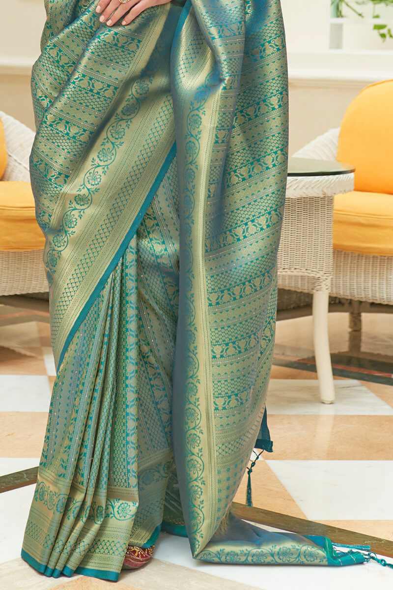 Elf Green Zari Woven and Sequence Work Kanjivaram Silk Saree