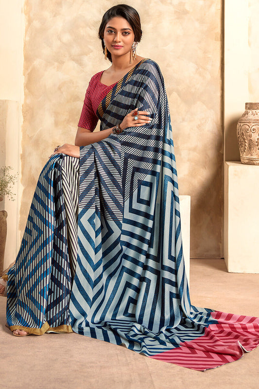 Faded Blue Printed Soft Satin Silk Saree