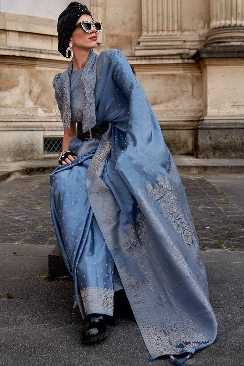 Faded Blue Zari Woven Banarasi Satin Silk Saree