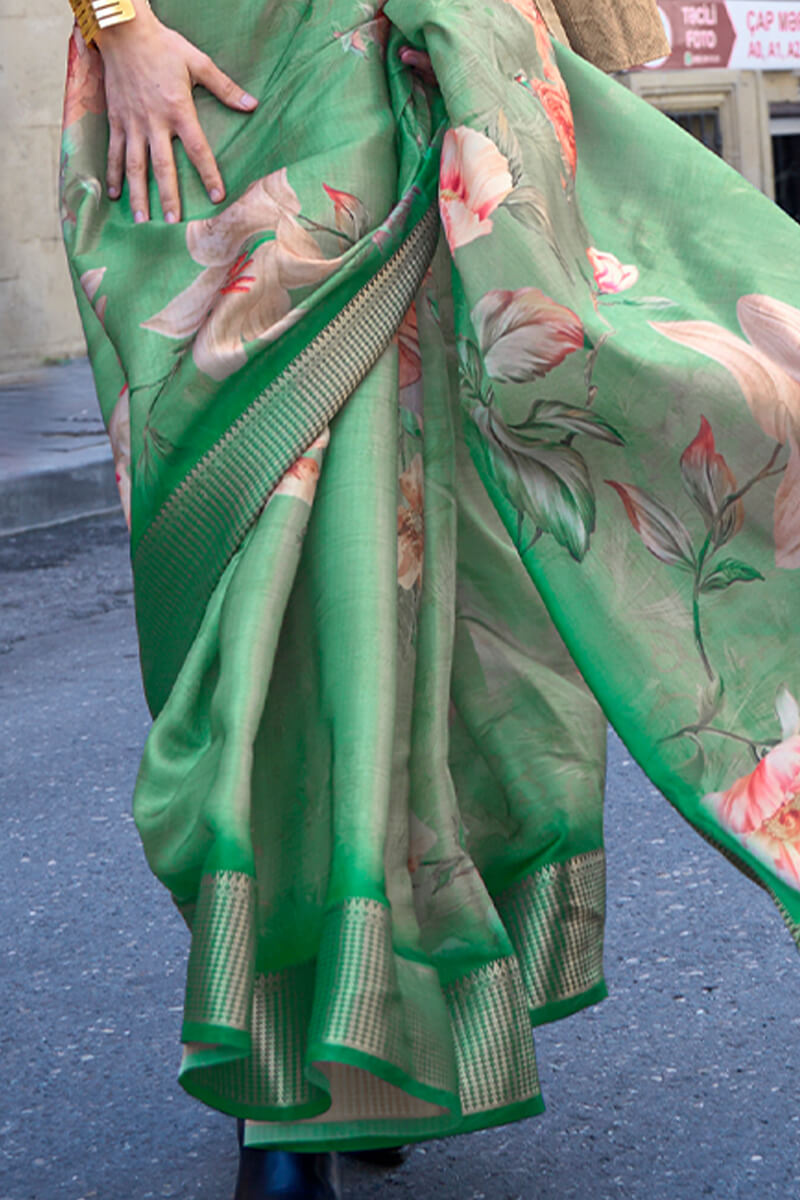 Faded Green Organza Printed Satin Silk Saree