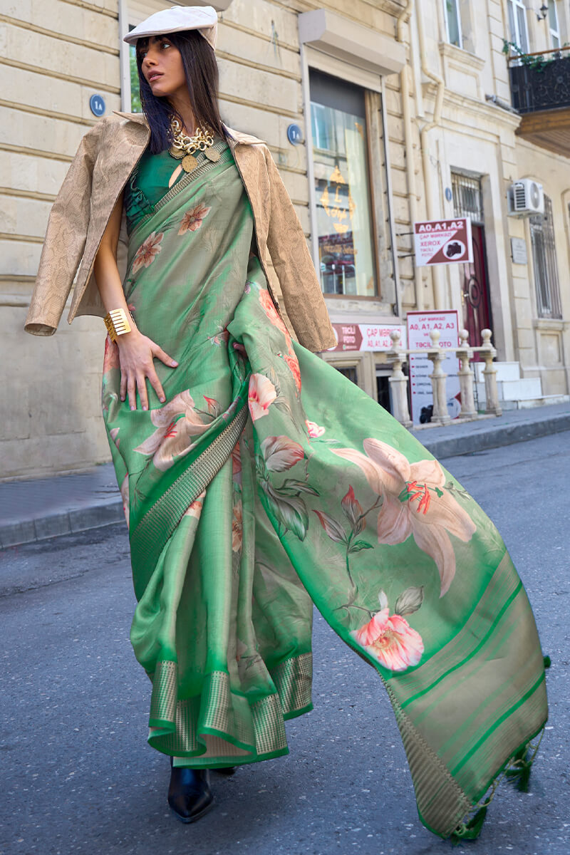 Faded Green Organza Printed Satin Silk Saree