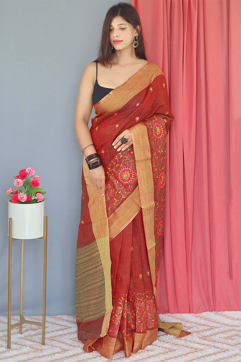 Falu Red Embroidered Work Linen Saree