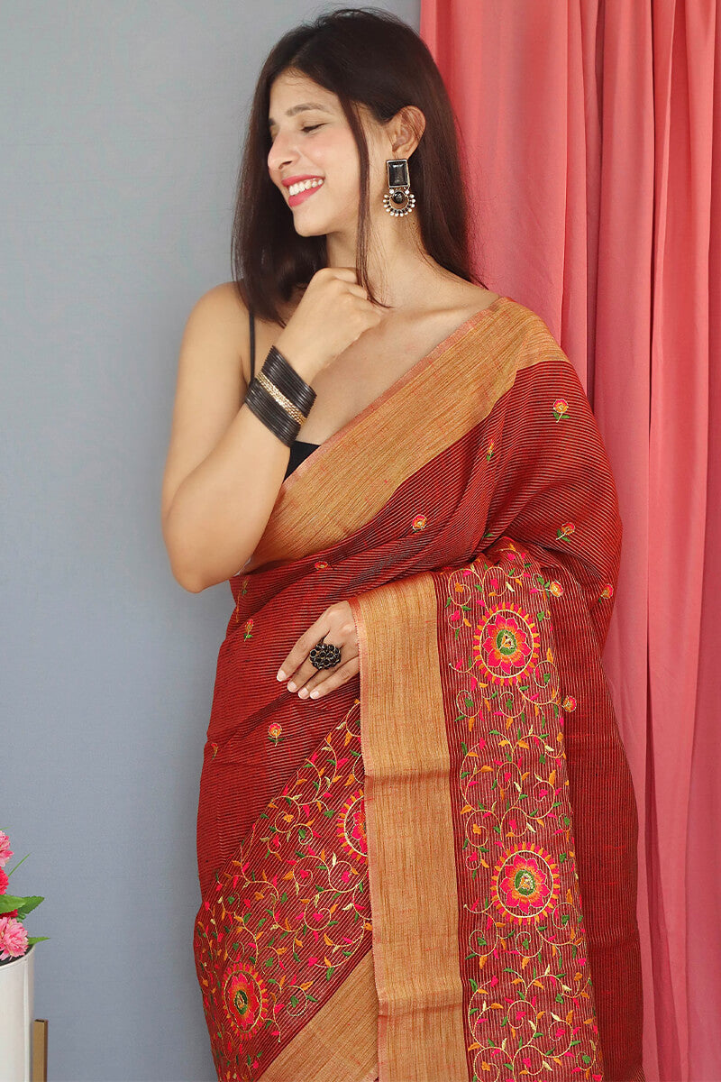 Falu Red Embroidered Work Linen Saree