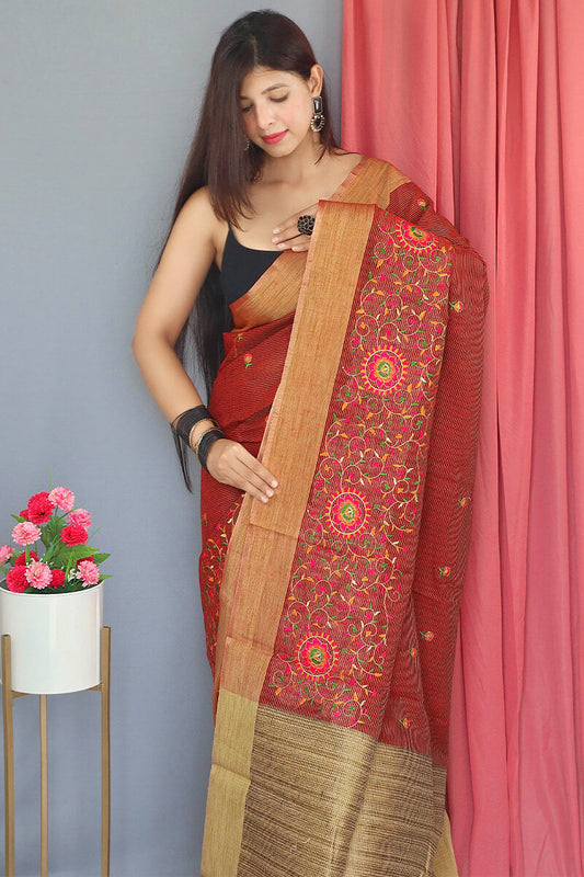 Falu Red Embroidered Work Linen Saree