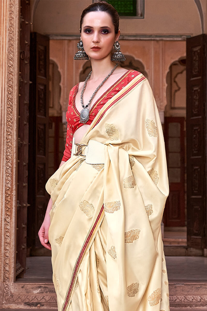 Fawn Beige Banarasi Satin Silk Saree