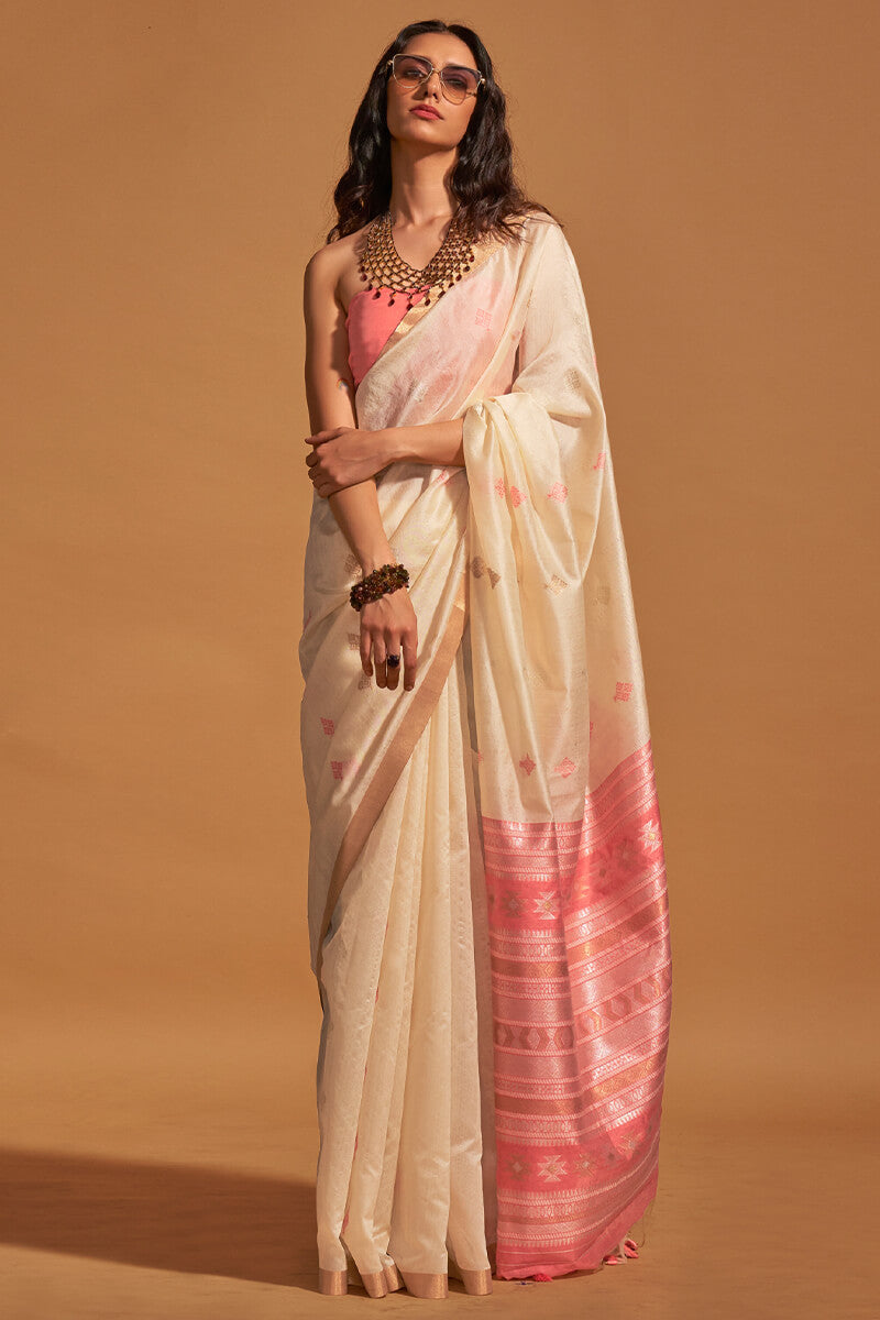 Fawn Beige Zari Woven Banarasi Silk Saree