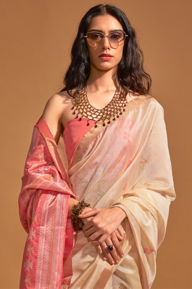 Fawn Beige Zari Woven Banarasi Silk Saree