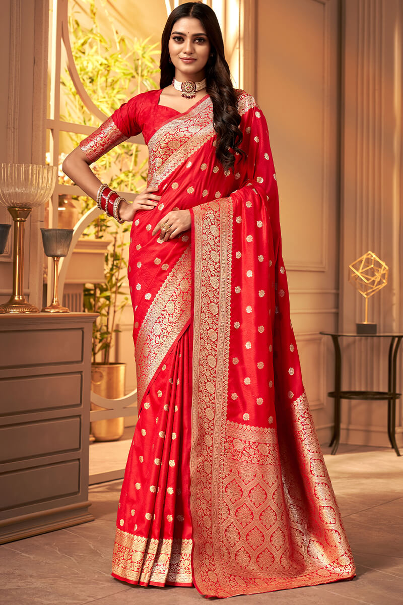 Ferrari Red Banarasi Satin silk Saree