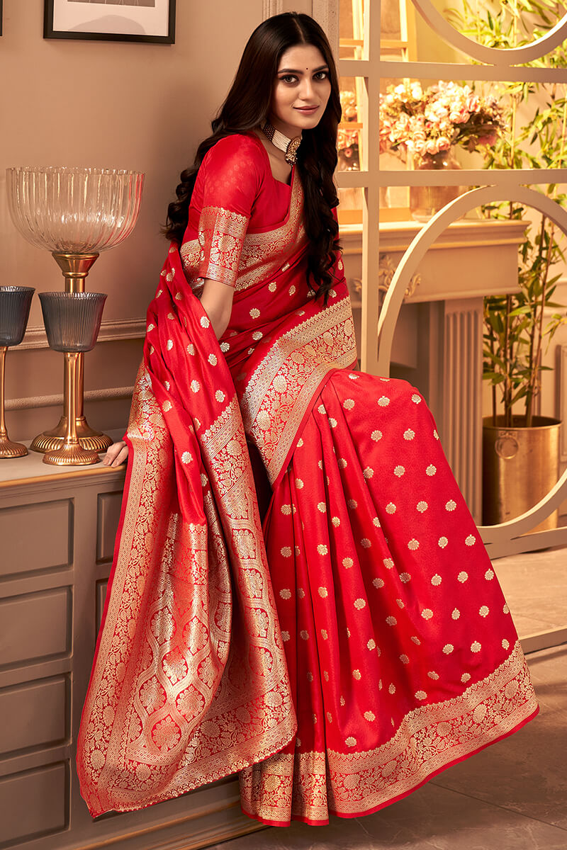 Ferrari Red Banarasi Satin silk Saree