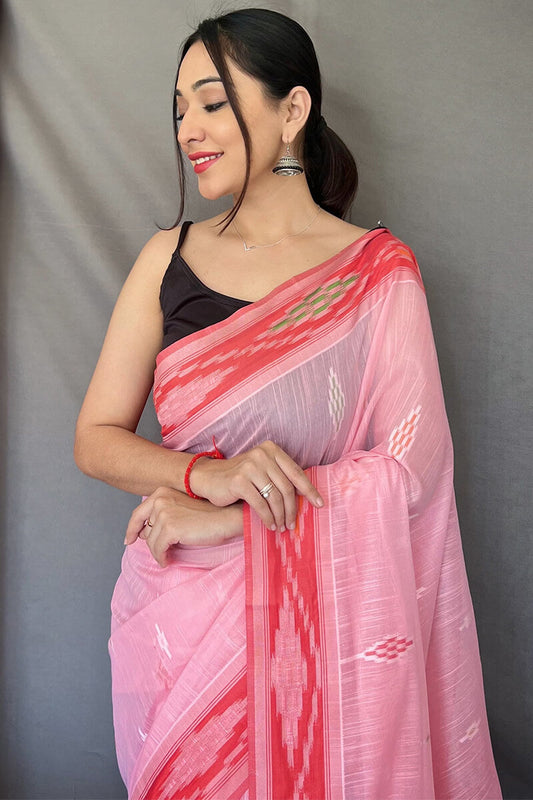 Flamingo Pink Linen silk saree