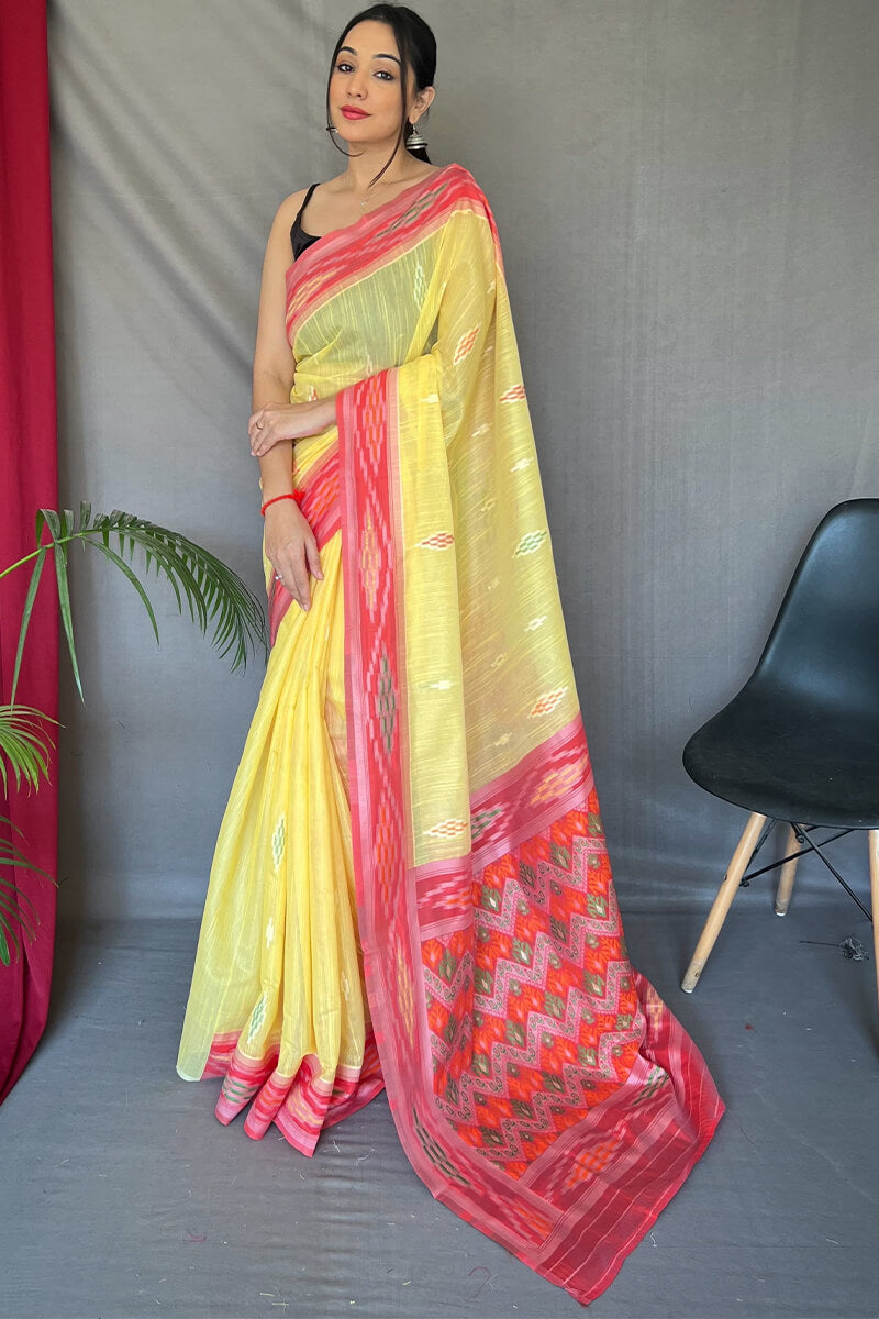 Flax yellow Linen silk saree