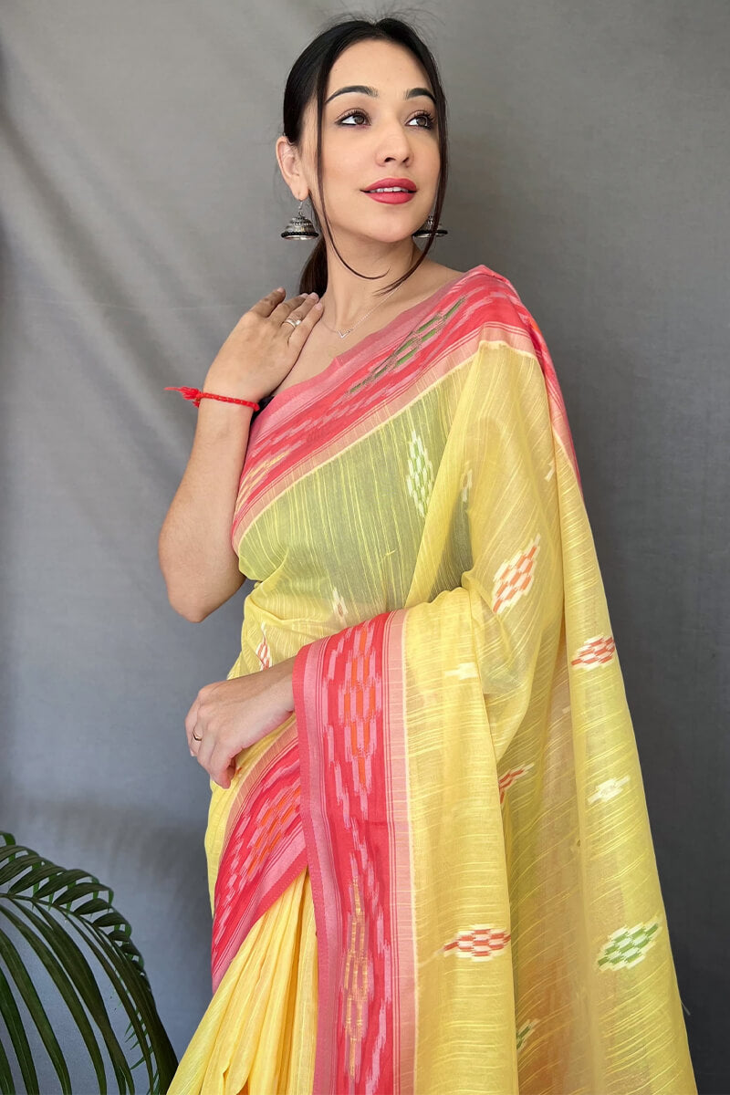 Flax yellow Linen silk saree