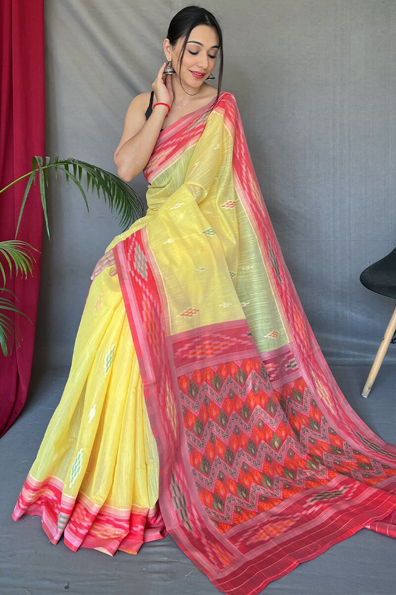 Flax yellow Linen silk saree