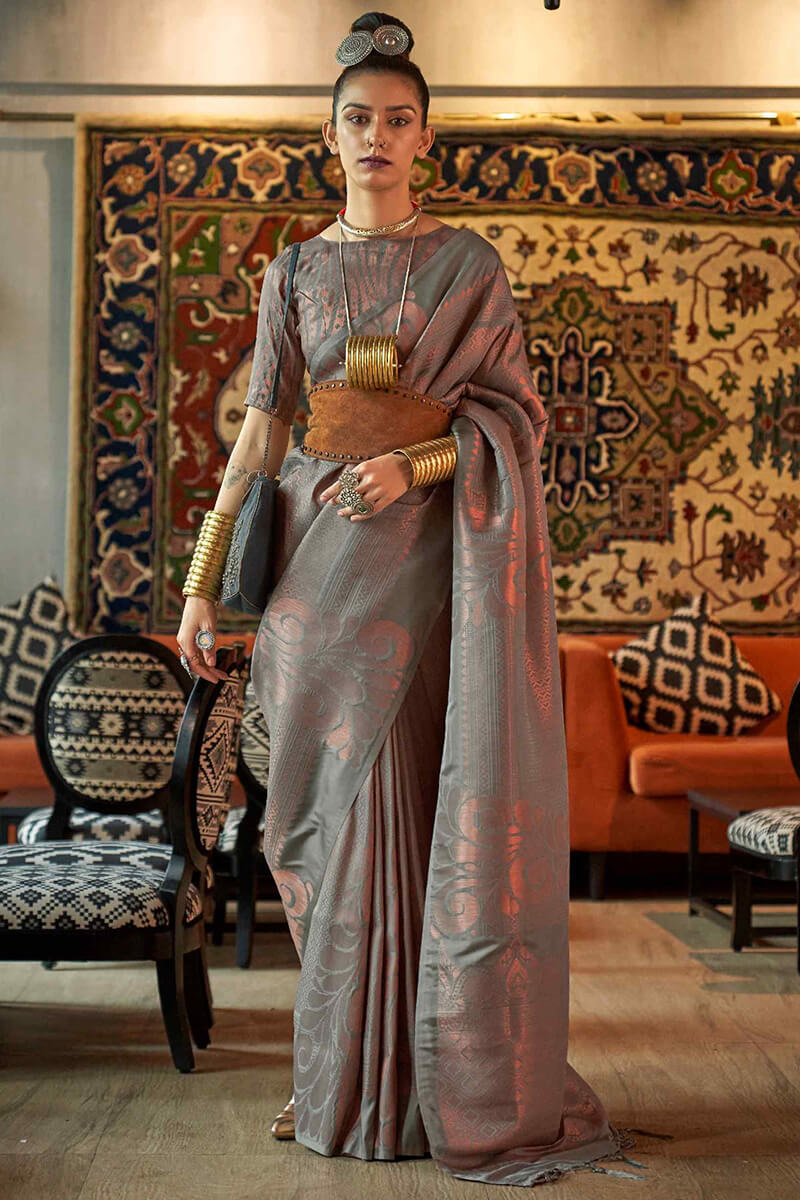 Flint Grey Copper Zari Woven Kanjivaram Silk Saree